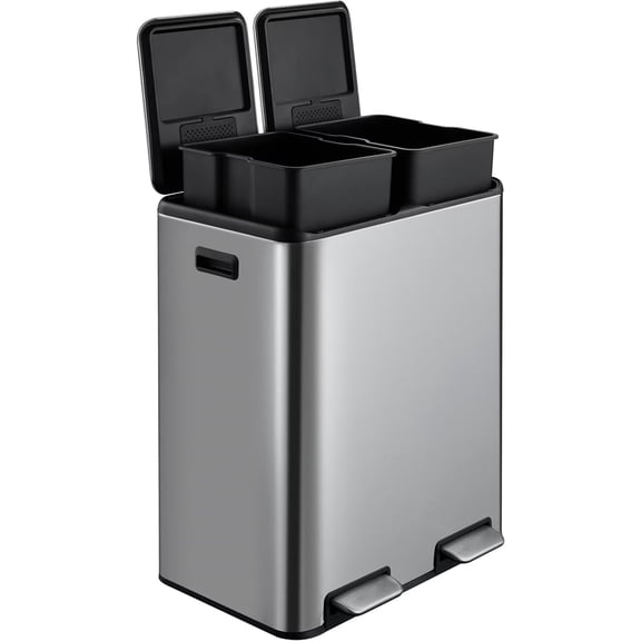 STRELECT 60 Liter / 16 Gallon Rectangular Hands-Free Dual Compartment Recycling Kitchen Step Trash Can with Soft-Close Lid, 2 Plastic Inner Buckets, Brushed Stainless Steel