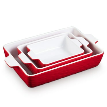 STRELECT Baking Pans Set of 3, Ceramic Baking Dish with Handle, 12"/9"/7" Baking Dishes for Oven, Red