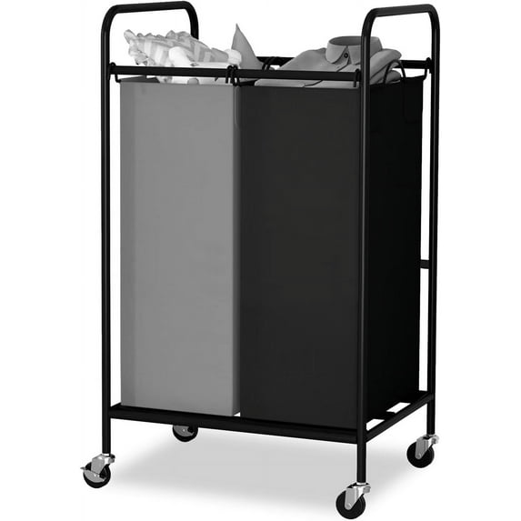 STRELECT Laundry Sorter 2 Section, 2 Bag Laundry Hamper, Rolling Laundry Cart, Laundry Basket with Heavy Duty Lockable Wheels and Removable Bag for Clothes Storage