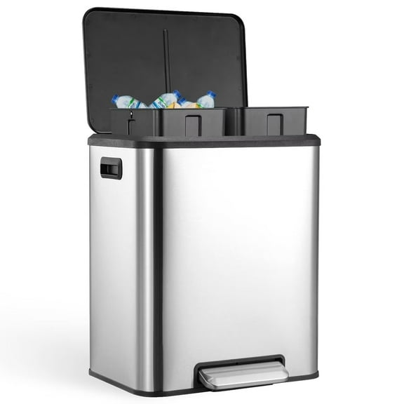 STRELECT Rectangular Hands-Free Dual Compartment Recycling Kitchen Step Trash Can with Lid, 30 Liter/8 Gallon Stainless Steel Garbage Can with Inner Buckets, Silver