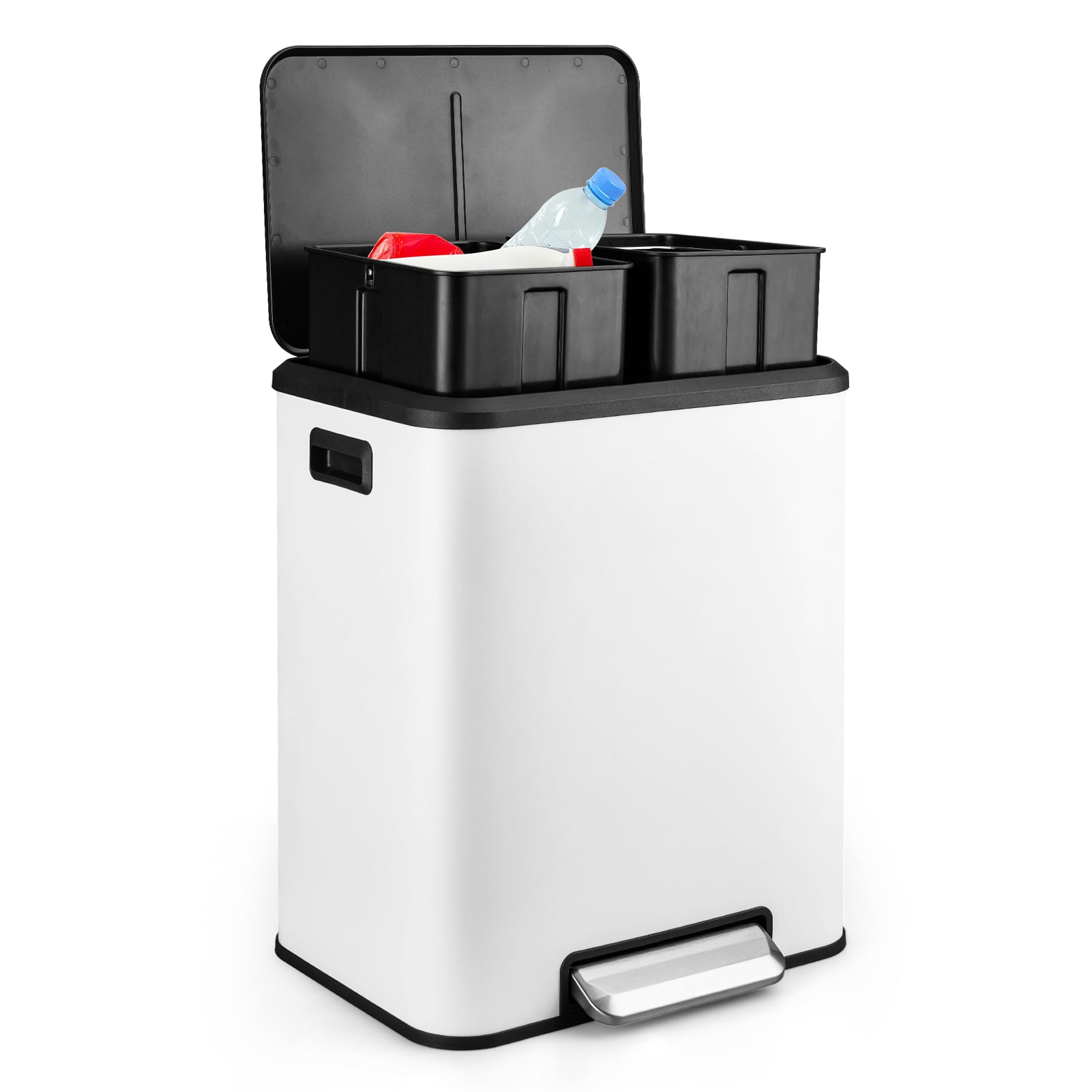 White Stainless Steel Rectangular Kitchen Step Trash Can with Dual Compartments