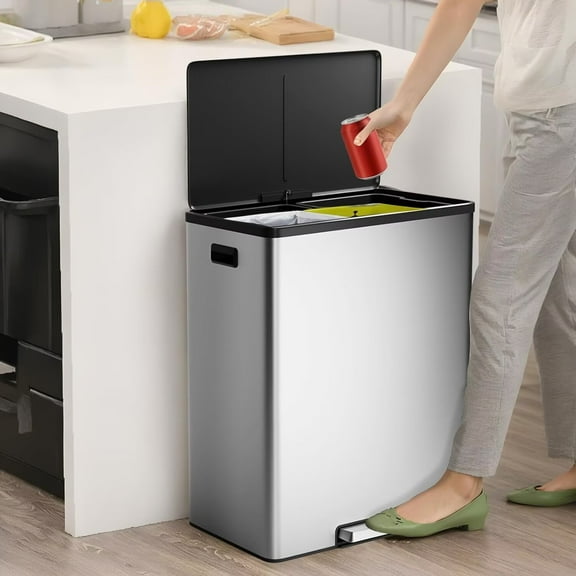 STRELECT Step Dual Trash Can, 60L/16 Gallon Stainless Steel Recycle Bins with Lid, 2 Removable Wastebusket, Step Pedal for Kitchen Bathroom