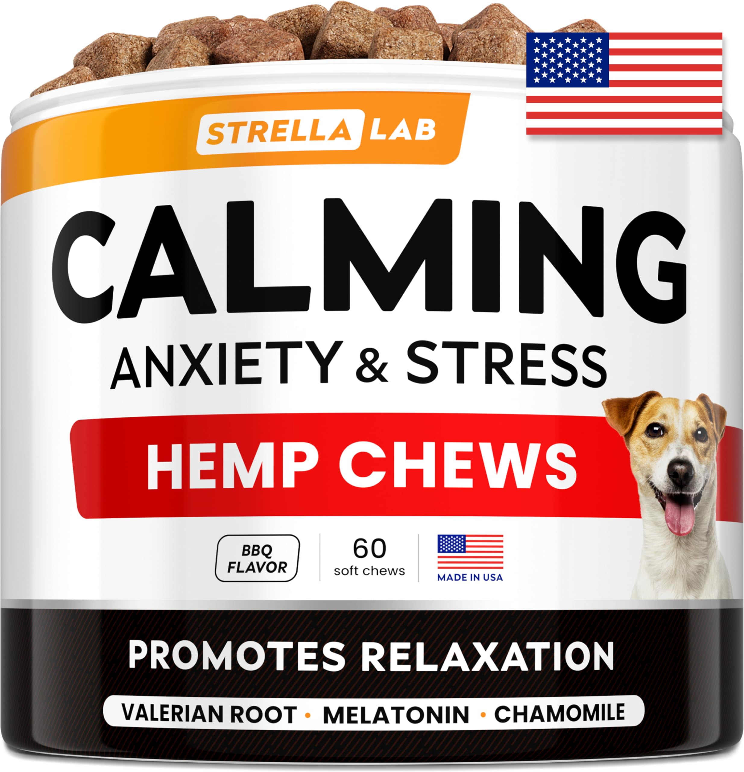 STRELLALAB Advanced Calming Chews for Dogs - Hemp Chews + Melatonin - Anxiety Relief - Sleep Aid - Relaxing Treats - Stress Relief During Fireworks, Storms, Thunder, Barking - Made in USA - BBQ - 60C