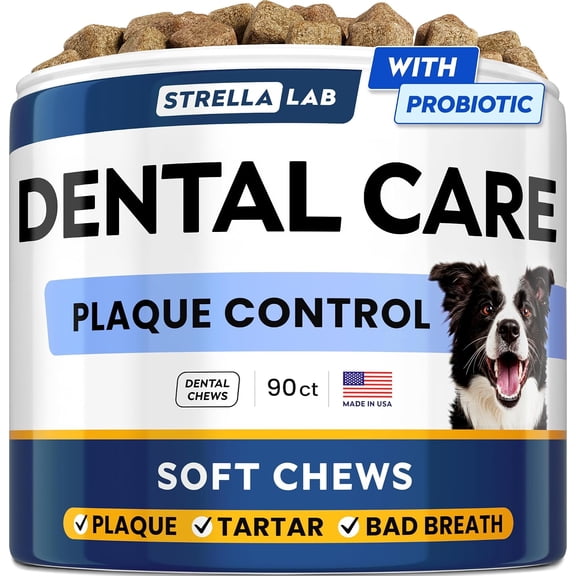 STRELLALAB Advanced Dog Dental Chews & Breath Freshener - Teeth Cleaning, Bad Breath Control, Plaque & Tartar Off - 90Ct