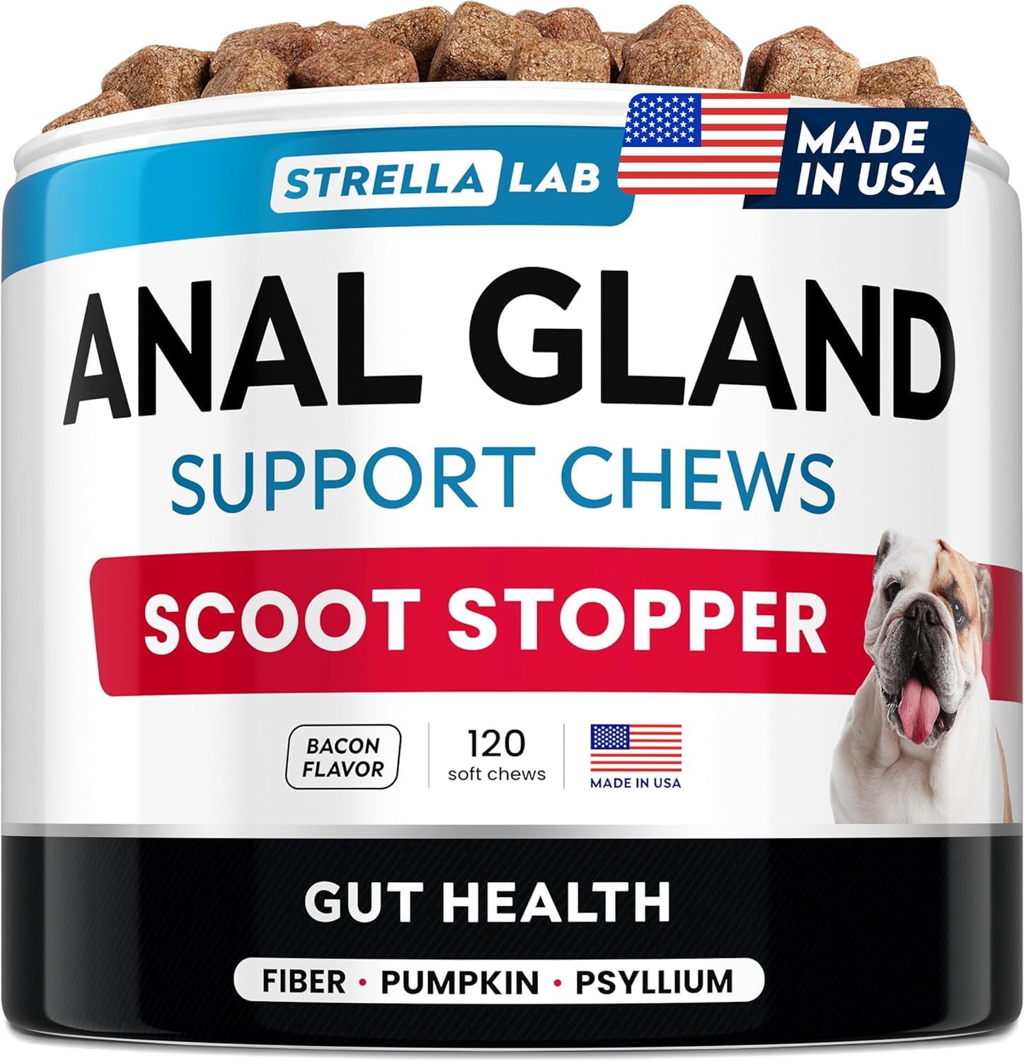 STRELLALAB Anal Gland Support Chews - Scoot Treatment - Digestive Enzymes, Prebiotics & Fiber Supplement for Dogs Digestion & Gut Health. Proprietary Blend of Beet, Psyllium, Pumpkin 120Ct