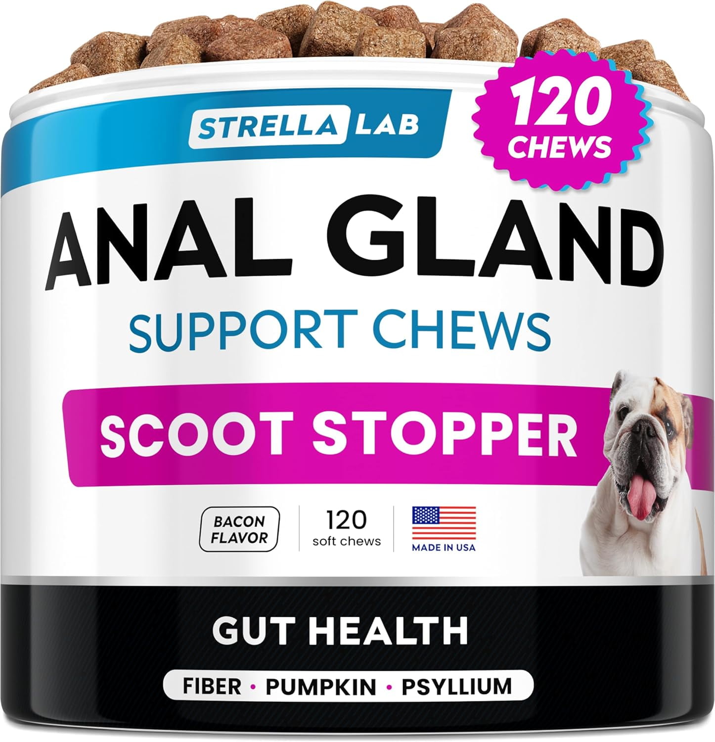 STRELLALAB Anal Gland Support Chews - Scoot Treatment - Digestive Enzymes, Prebiotics & Fiber Supplement for Dogs Digestion & Gut Health. Proprietary Blend of Beet, Psyllium, Pumpkin 120Ct
