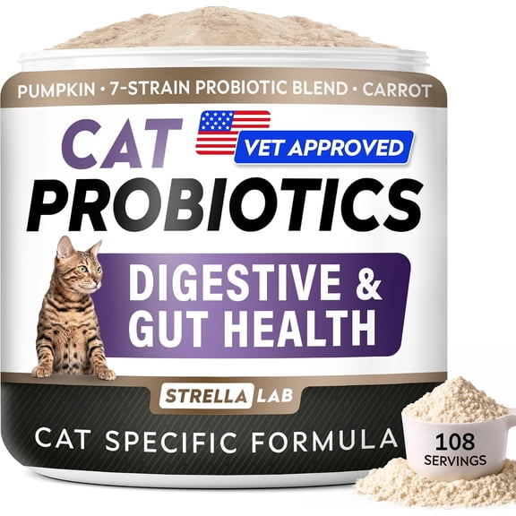 STRELLALAB Cat Probiotics Powder, 108 Scoops Daily Probiotic for Cats - Immunity, Digestive & Gut Health Support, Diarrhea Relief Feline Supplement with 3 Billion CFU, Prebiotics Fiber, Pumpkin