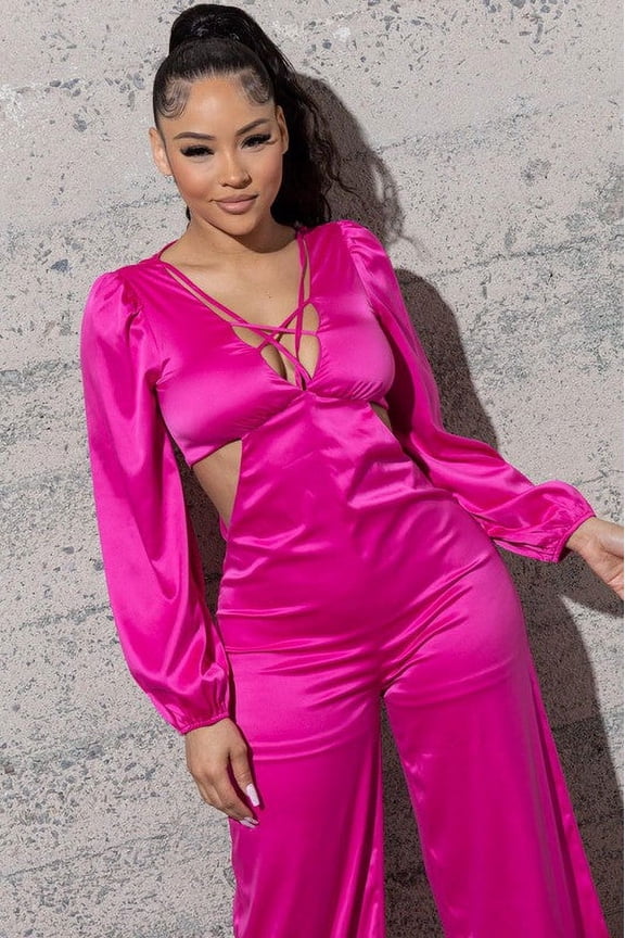 STRETCHY SATIN JUMPSUIT WITH LONG PUFFY SLEEVES