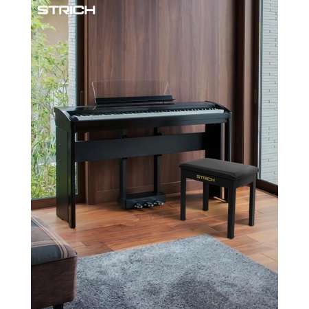 STRICH Piano Bench with Storage, Solid Wood Keyboard Bench Piano Bookcase Stool Chair Seat with Padded Cushion, Black