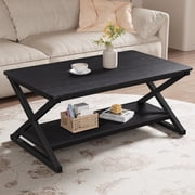 39 inch Black Rectangle Coffee Table for Living Room, 2-Tier Wooden Coffee Tables with Round Corner, Modern Center Table for Small Space, Apartment, Office