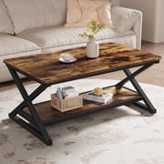 39 inch Rustic Brown Rectangle Coffee Table for Living Room, 2-Tier Farmhouse Coffee Tables with Round Corner, Center Table for Small Space, Apartment, Office
