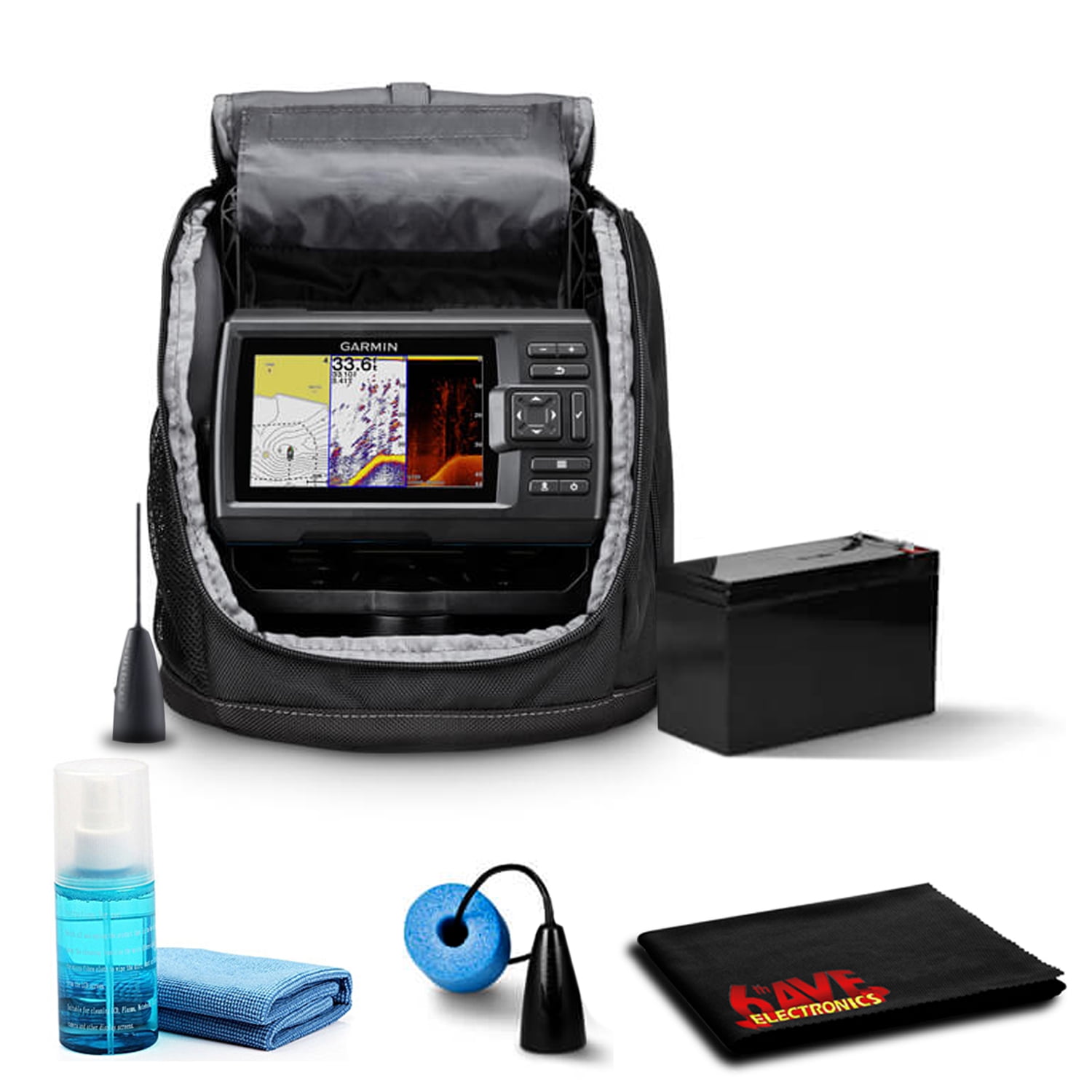 STRIKER Vivid 5cv Ice Fishing Bundle With GT8HW IF Transducer Lead Acid Battery and 6Ave Cleaning Kit