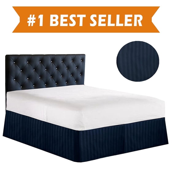 Stripe Design Bed Skirt Dust Ruffle - Pleated Tailored 14inch Drop, Full, Navy Blue