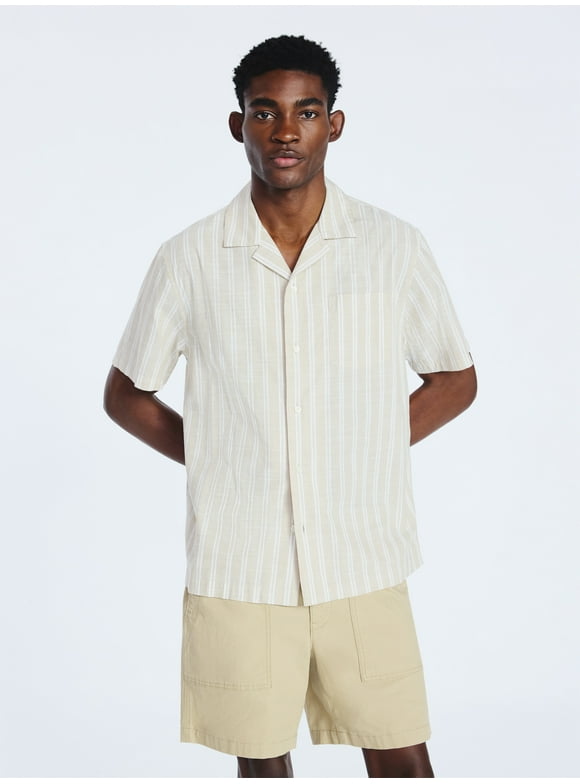 Men's Striped Cotton Camp Shirt with Short Sleeves, Sizes S-3XL