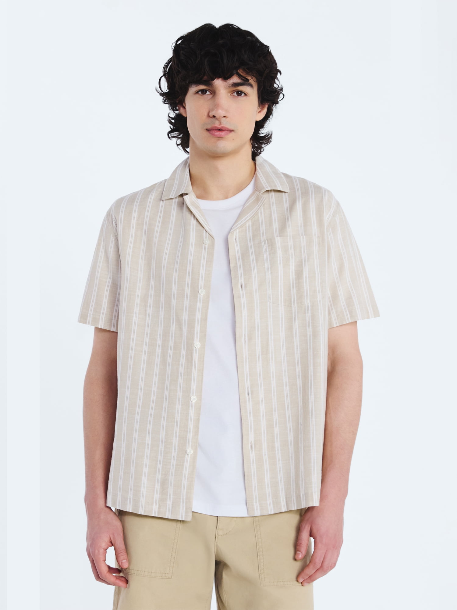 Free Assembly Men's Striped Cotton Camp Shirt with Short Sleeves, Sizes S-3XL