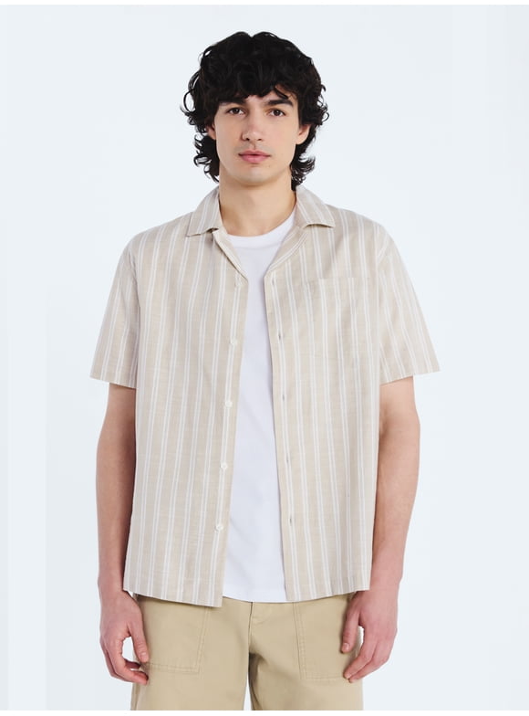 Men's Striped Cotton Camp Shirt with Short Sleeves, Sizes S-3XL