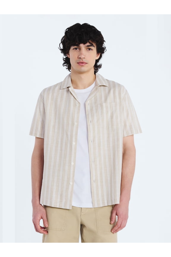 Men's Striped Cotton Camp Shirt with Short Sleeves, Sizes S-3XL
