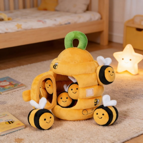 STROLA Bee Plush Toy Set with Mini Farmhouse Box, Soft Sensory Stuffed Animal for Tod-dlers, Fine Motor Skills Gift for Bo-ys and Gi-rls