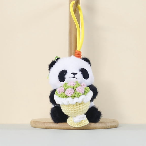 STROLA Cute Yellow Panda Plush Keychain Holding Pink Rose Stuffed Animal Toy Mini Plush Pendant Bag Charm for Backpack Purse Key Ring Decorative Gift