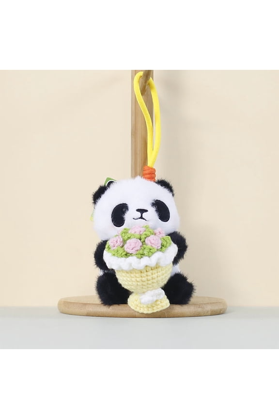 Cute Yellow Panda Plush Keychain Holding Pink Rose Stuffed Animal Toy Mini Plush Pendant Bag Charm for Backpack Purse Key Ring Decorative Gift