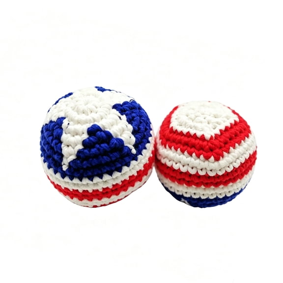 STROLA Hand-Made Knitted Footbag, Red White Blue Cotton Toss Game for 4th of July Party,Patriotic Juggling Balls for Beginners, Multicolored Geometric Pattern Ready-to-Use Footbag