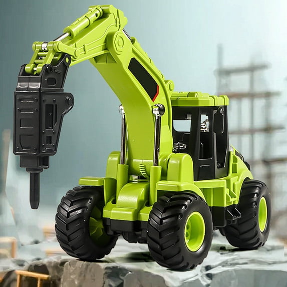 STROLA Inertial Engineering Toy Truck, Green Construction Vehicle with Excavator & Drill, Push and Go Friction Toy