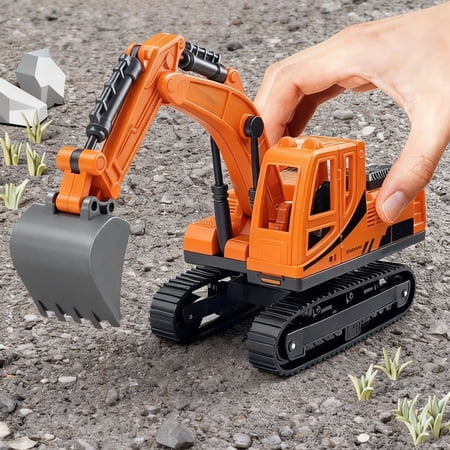 Ki-ds Toy Excavator, 7 Inch Realistic Construction Vehicle with 360 Degree Rotating Cab and Soft Rubber Tracks, Sandbox Digger Toy for B-oys Age 3-5