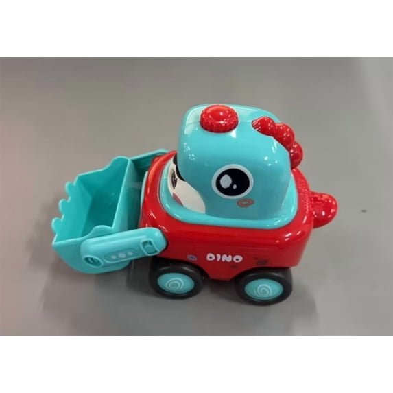 STROLA Press and Go Dinosaur Toy Car, Face Changing Construction Vehicle with Whistle, Blue