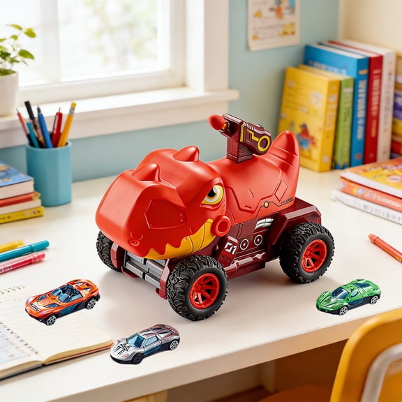 STROLA Red Dinosaur Launcher Car Race Track, Toy Cars for Bo-ys 4-8 with Ejection Feature & 3 Mini Racers