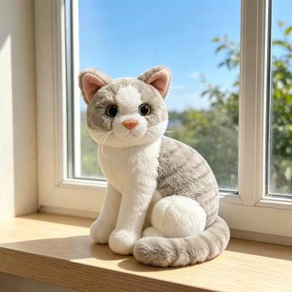 STROLA Sitting Cat Plush Toy, Head Tilted Funny Stuffed Animal, Soft Tabby Cat Plush for Anxiety Relief, Cute Room Decor for Cat Lover