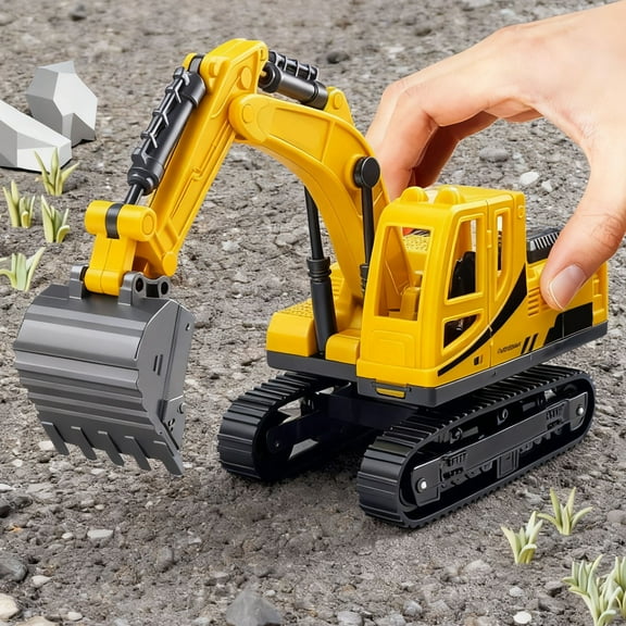 STROLA Yellow Excavator Toy Construction Vehicle with 360° Rotation & Realistic Sounds, Friction Powered Digger for B-oys Tod-dlers Age 3-5 Sandbox Play