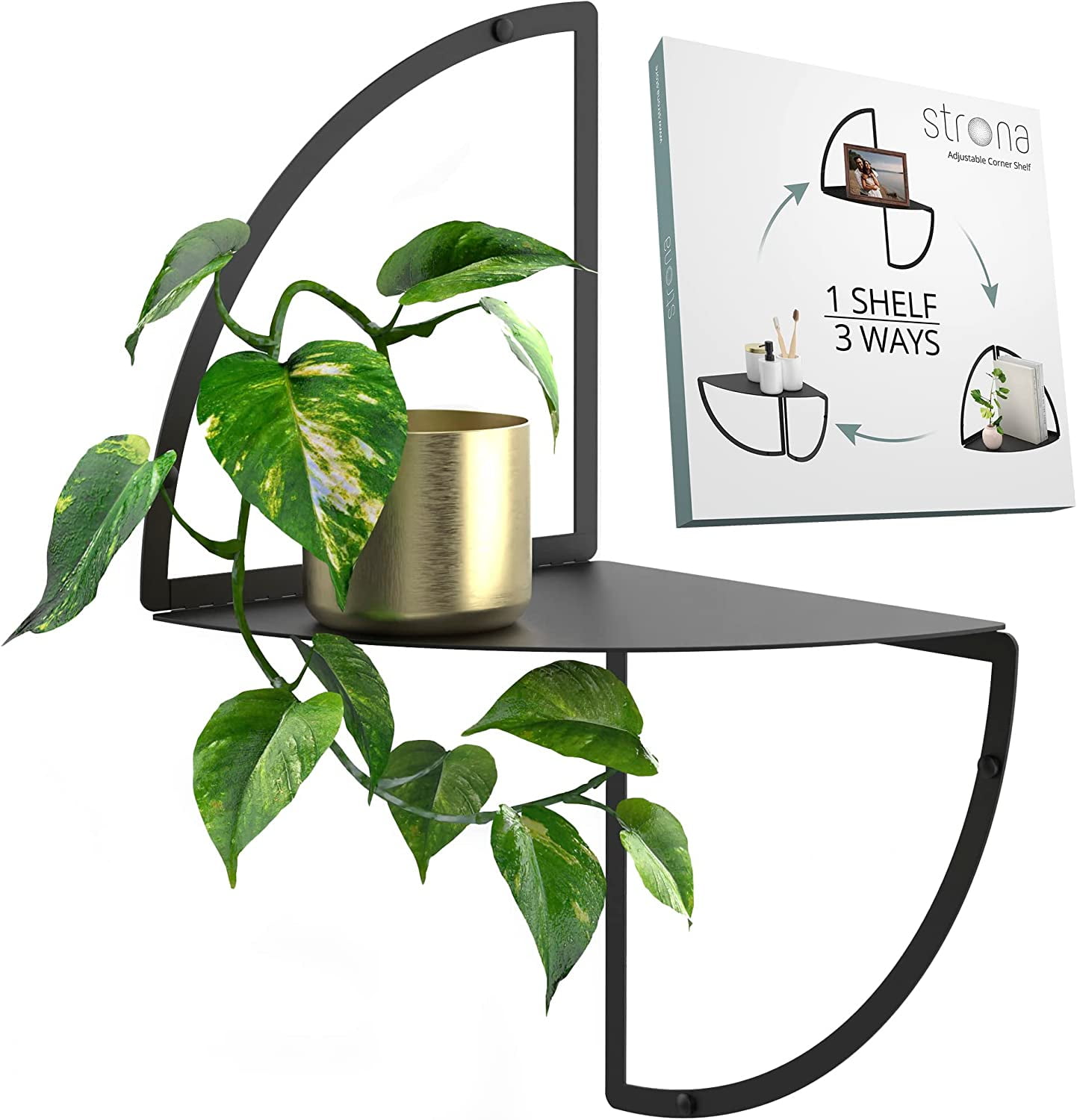 STRONA Black Modern Floating Corner Shelf Adaptable Wall Mounted