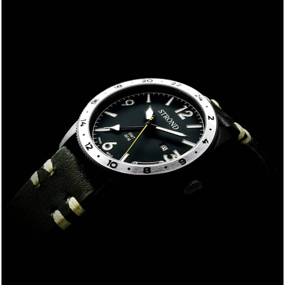 STROND Watches Men's Black with Steel Bezel Watch BSSC-101 24h GMT