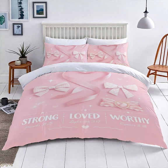 STRONG LOVED WORTHY Bible Verse Full Comforter Set 3 Pieces 79x90 Inch, Pink Bow Heart Faith Bedding, Soft Cozy Inspirational Comforter For Women Teens Bedroom
