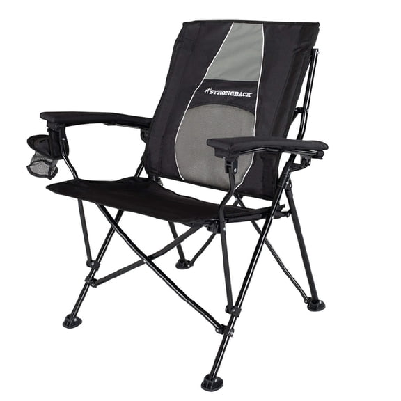 STRONGBACK Elite Folding Camping Lawn Lounge Chair Heavy Duty Camp Outdoor Seat with Lumbar Support and Portable Carry Bag, Black/Grey