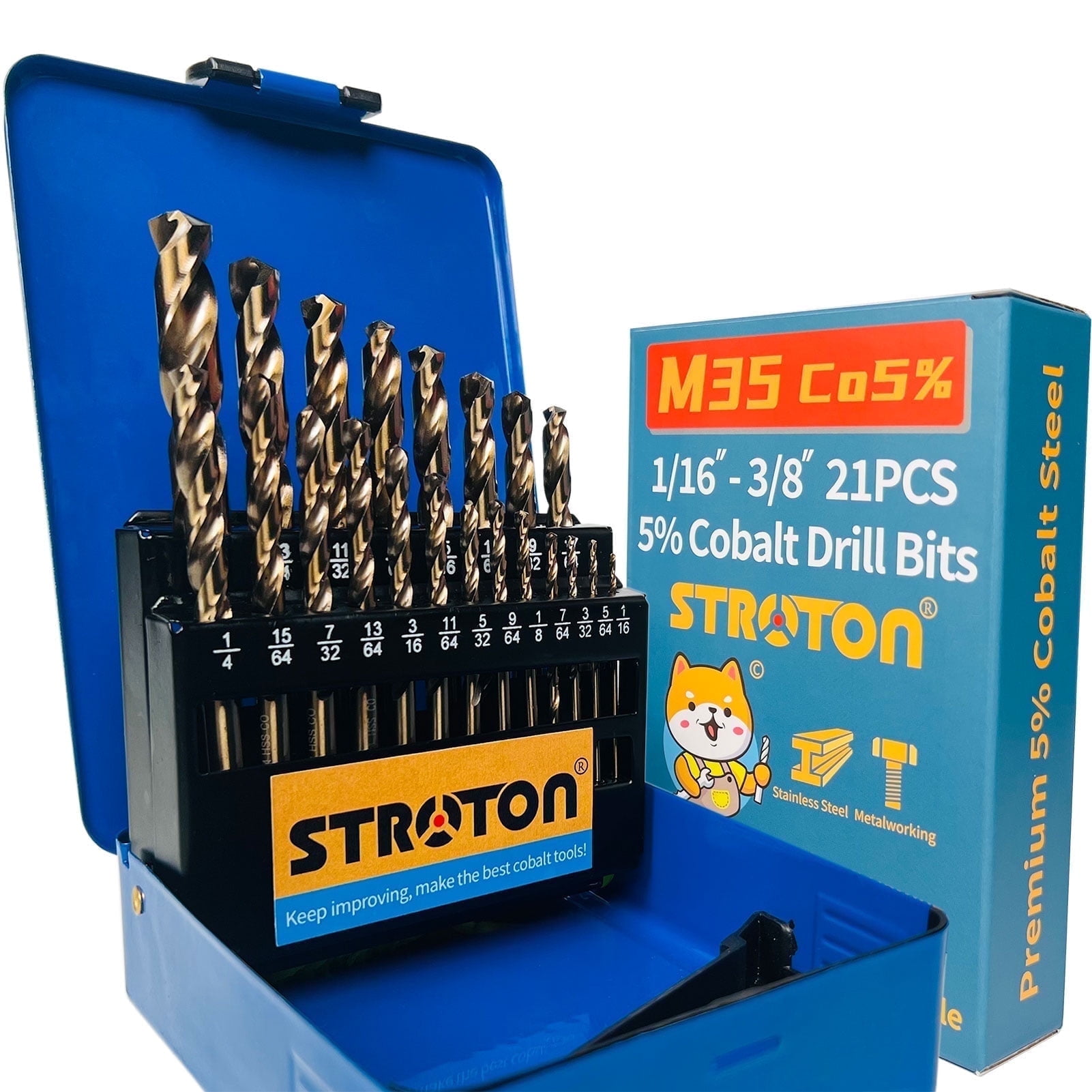 STROTON 5% Cobalt Drill Bits Set, for Stainless Steel and Hardened Steel, 1/16-3/8 Inch(21Pcs)