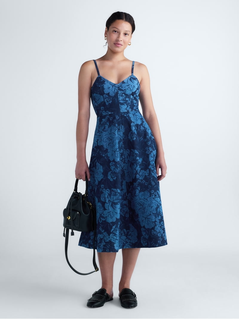 Free Assembly Women's and Women's Plus Sleeveless Denim Corset Midi Dress, Sizes Xs-4x, Size: 3XL, Blue