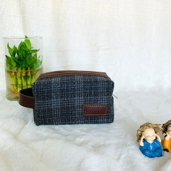 STRUTT Unisex Grey Compact Collapsable Tweed & Leather Toiletry Kit/ Dopp Kit