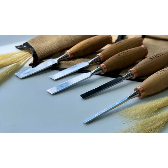 STRYI Set of 5 straight flat bevel chisels for carving wood Carpentry Straight chisel, Woodworking tool Pre sharpened and polished by master craftsman