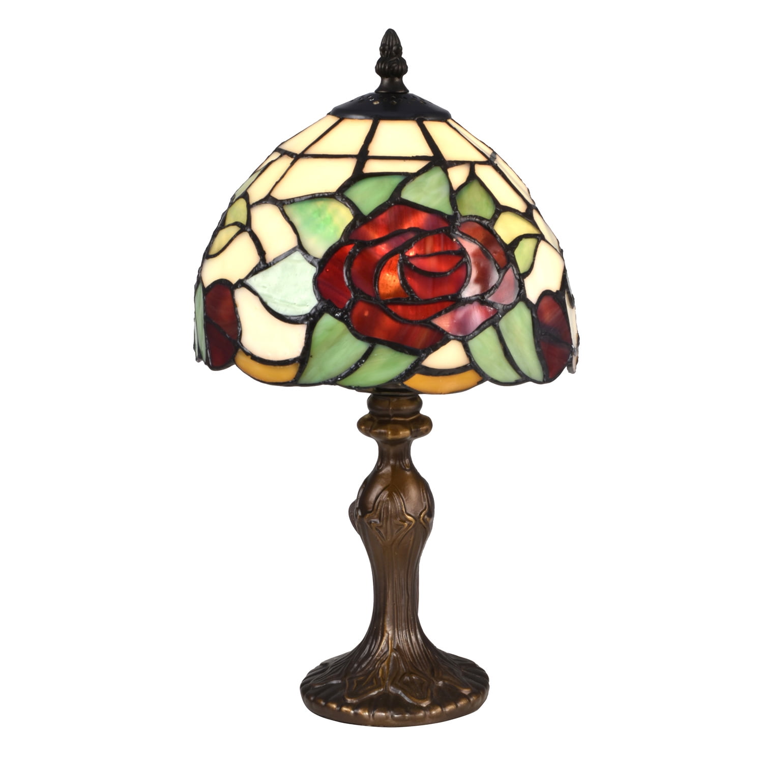 Antique Bronze Stained Glass Rose Accent Table Lamp