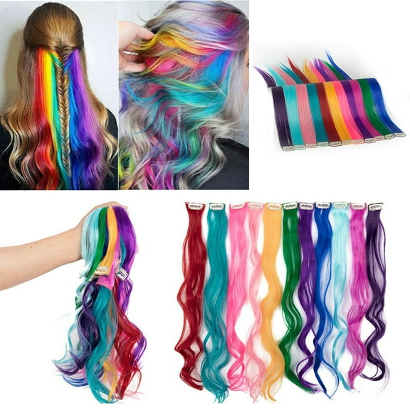STTOAY 24" Rainbow Colorful Highlight Clip in Hair Womens Synthetic Long Hair Extension