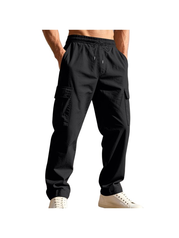 Men's Straight Fit Cargo Pants Full Elastic Waist Adjustable Drawstring Side Flap & Back Patch Pockets Soft Woven Casual Everyday Pants