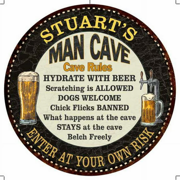 STUART'S Man Cave Rules 14" Round Metal Sign Garage Wall Decor 100140010350