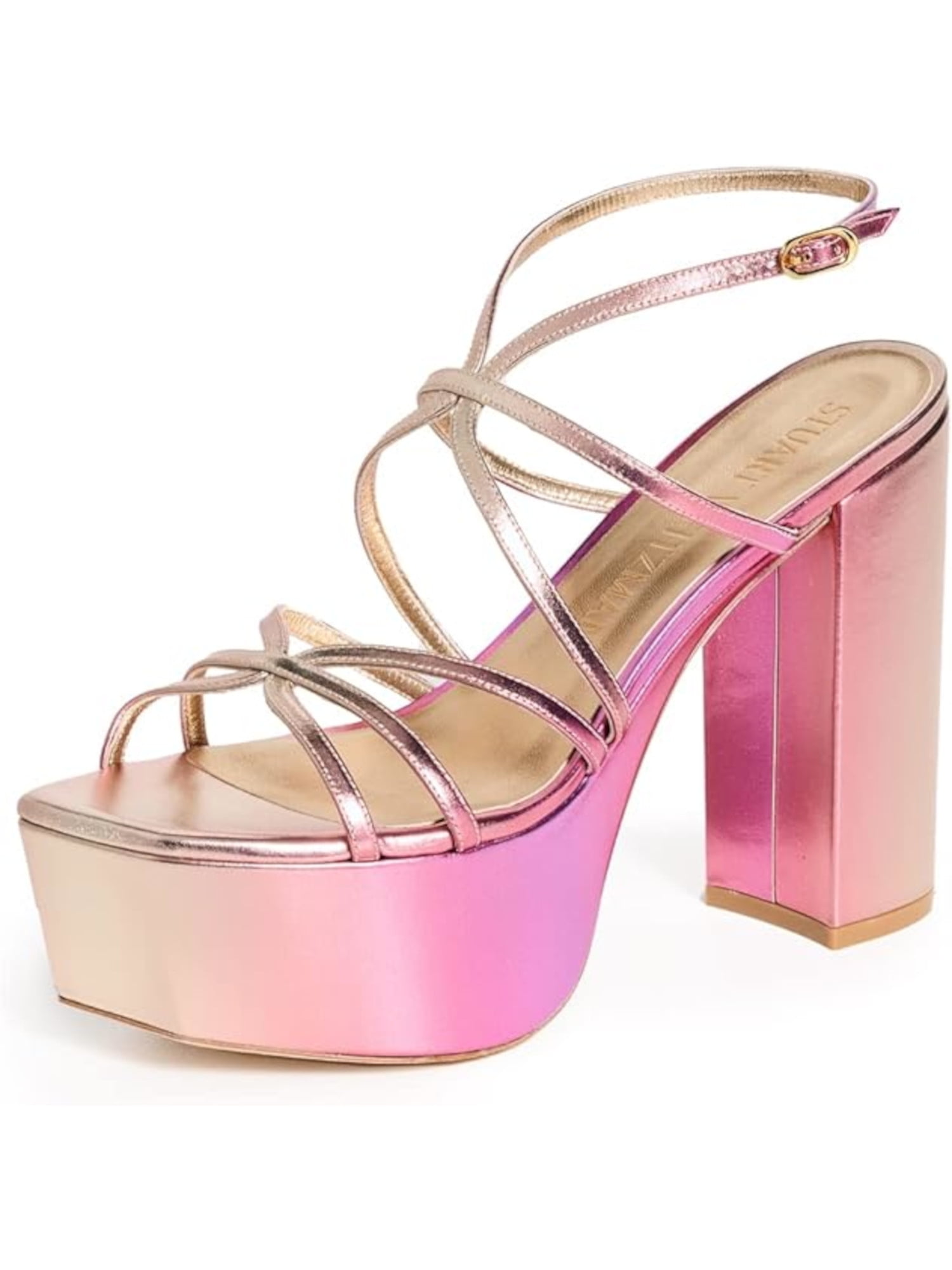 STUART WEITZMAN Womens Pink 3 Platform Metallic Adjustable Barelythere Open Toe Block Heel Buckle Leather Dress Heeled Sandal 9 B Walmart