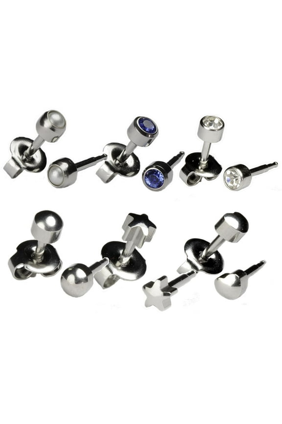 Hypoallergenic Ear Piercing Earrings - 6 Pairs of 4mm Stainless Steel Studs with 16ga Thick Post in Silver