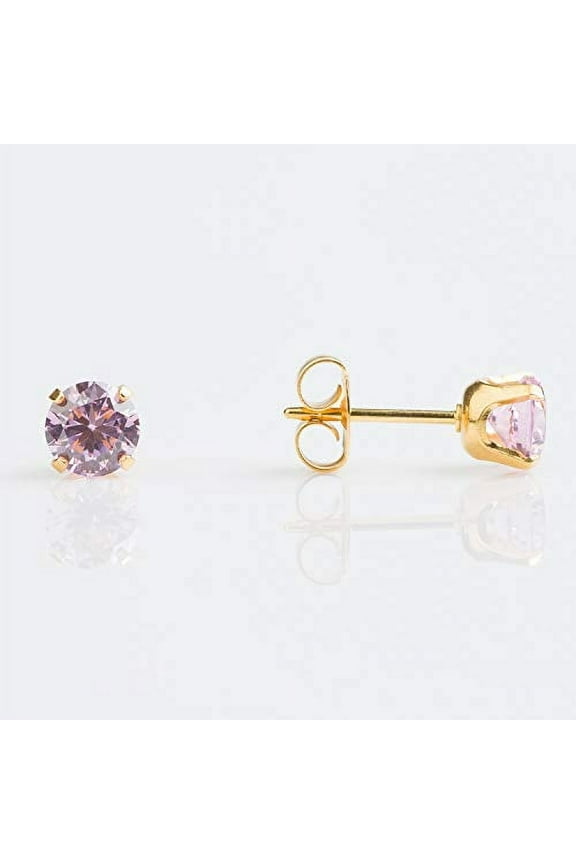Sensitive Pink Cubic Zirconia Stud Earrings 6mm | Gold Plated Posts-PR-6150-S | Hypoallergenic and Nickel Free for Sensitive Ears