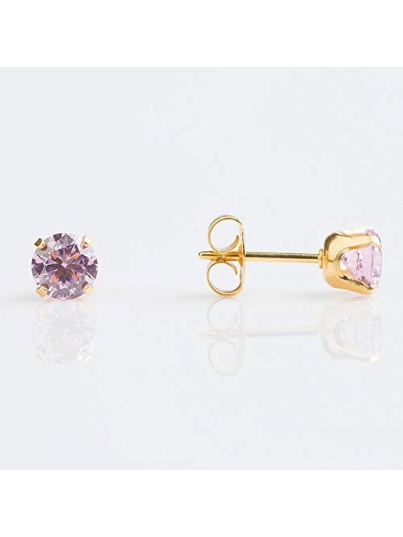 Sensitive Pink Cubic Zirconia Stud Earrings 6mm | Gold Plated Posts-PR-6150-S | Hypoallergenic and Nickel Free for Sensitive Ears