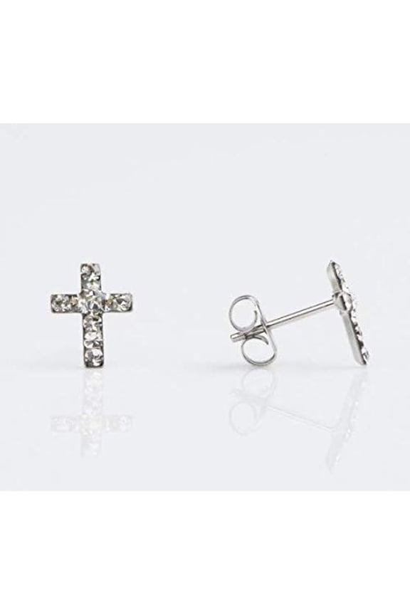 Tiny Tips Stud Earrings Crystal Cross Hypoallergenic for Little Ears-TT-3604W