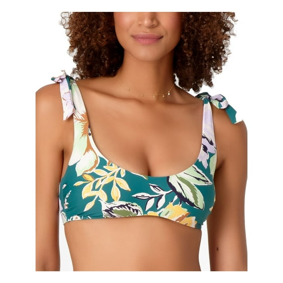 STUDIO ANN COLE Women's Teal Printed Stretch Push-Up Scoop-Neck Shoulder-Tie Bikini Adjustable Swimsuit Top S