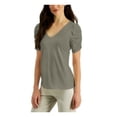 thumbnail image 1 of STUDIO BY JPR Womens Green Ruched Strappy-back Short Sleeve V Neck Top M, 1 of 2